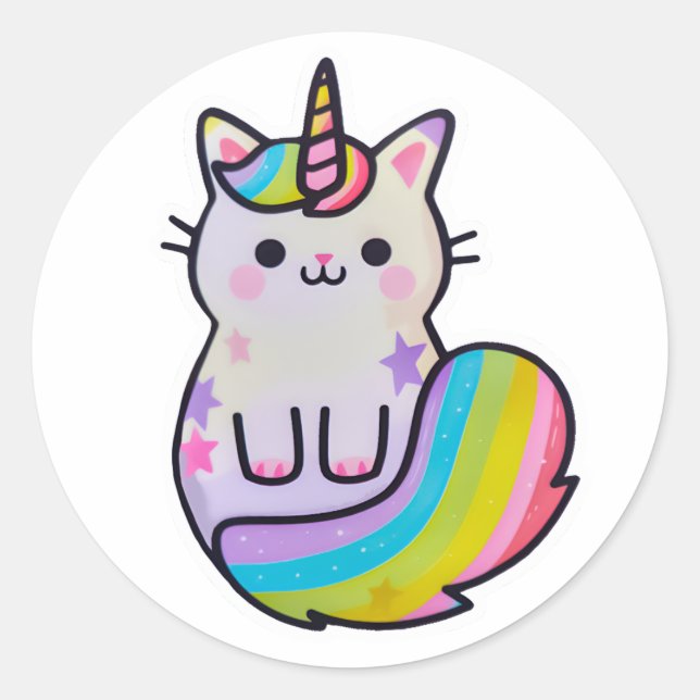 Sticker Rond Cute chat licorne arc-en-ciel (Devant)