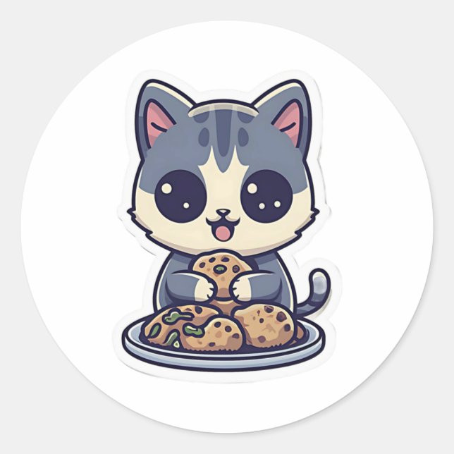 Sticker Rond Cute Chat manger des biscuits Classique T-shirt (Devant)