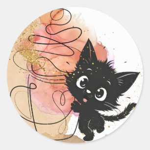 Sticker Rond Cute chat noir et café, couleurs crémeuses sur