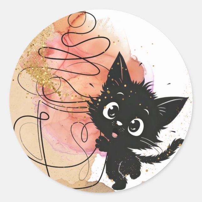 Sticker Rond Cute chat noir et café, couleurs crémeuses sur (Devant)