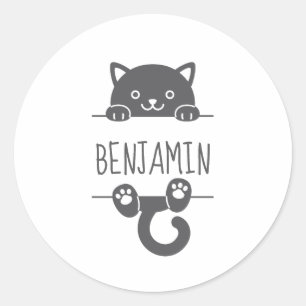 Sticker Rond Cute Chat Noir Pékin derrière Nom Personnalisé 2