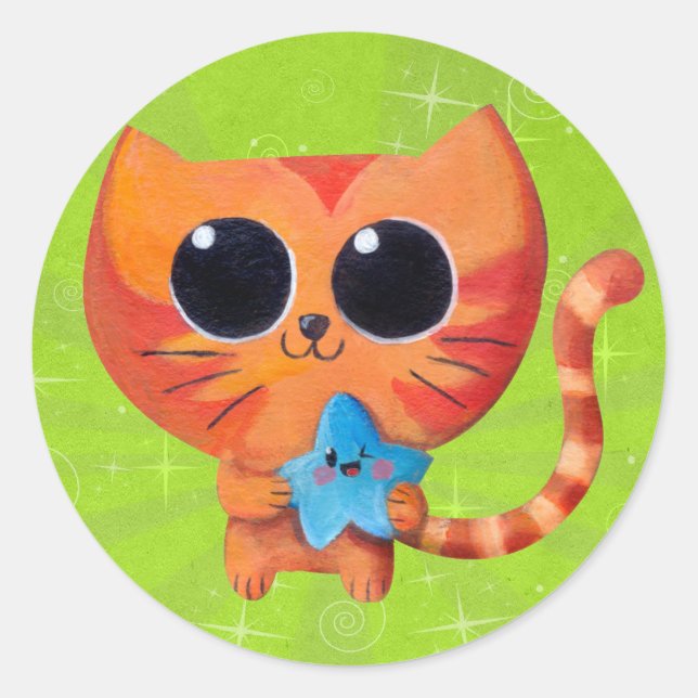 Sticker Rond Cute chat orange avec étoile (Devant)