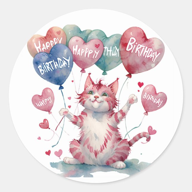 Sticker Rond Cute Chat Rose Gâteau d'anniversaire - Anniversair (Devant)