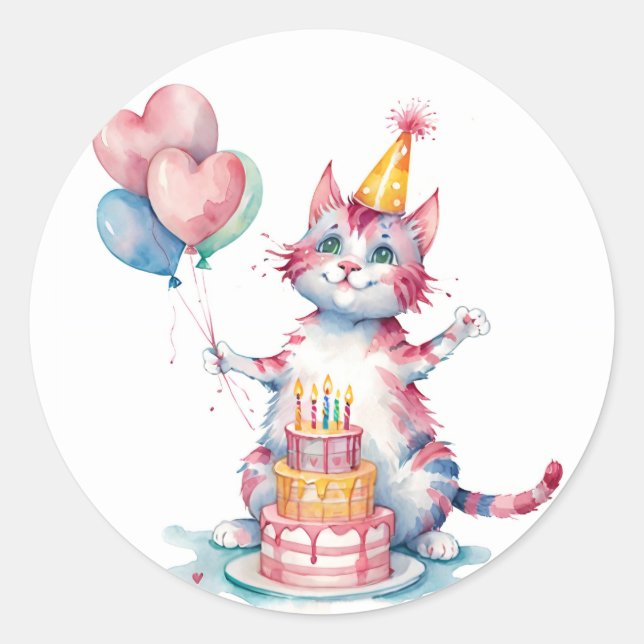 Sticker Rond Cute Chat Rose Gâteau d'anniversaire - Anniversair (Devant)