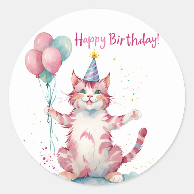 Sticker Rond Cute Chat Rose Gâteau d'anniversaire - Anniversair (Devant)