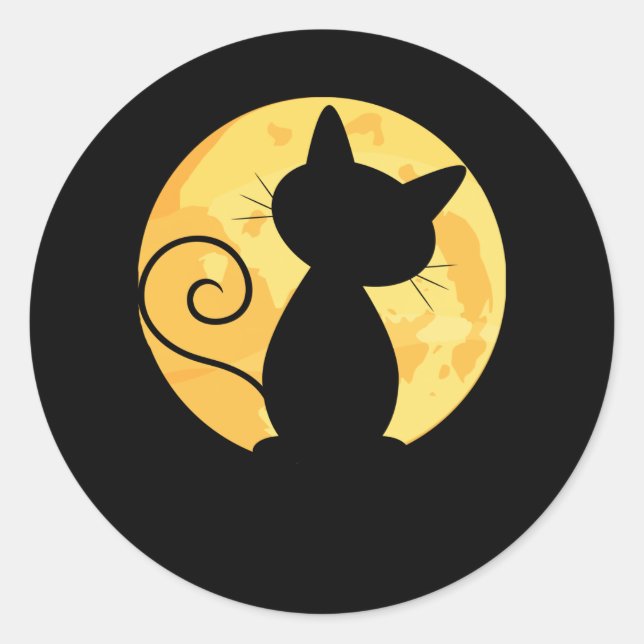 Sticker Rond Cute Chat Silhouette Pleine lune Halloween Funny (Devant)