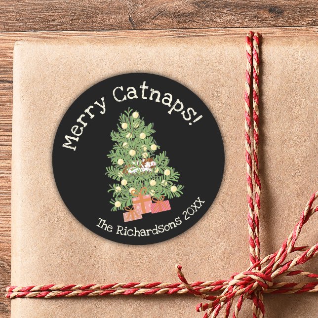 Sticker Rond Cute Chat sur Chistmas Tree Joyeux Catnaps! Black (Créateur téléchargé)