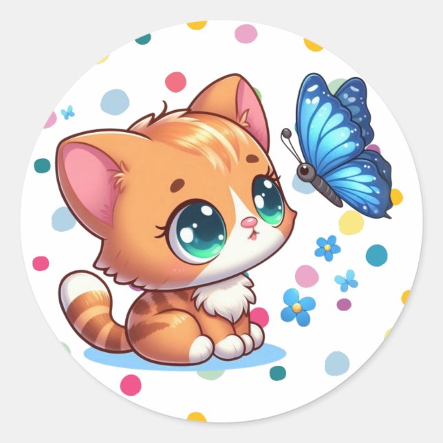 Sticker Rond Cute chaton/chat et papillon (Devant)