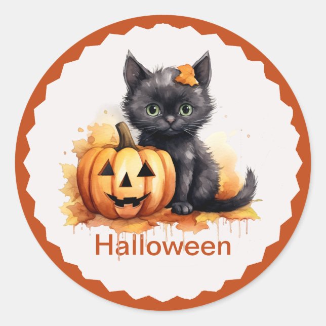 Sticker Rond Cute chaton Halloween et chevalet Citrouille (Devant)