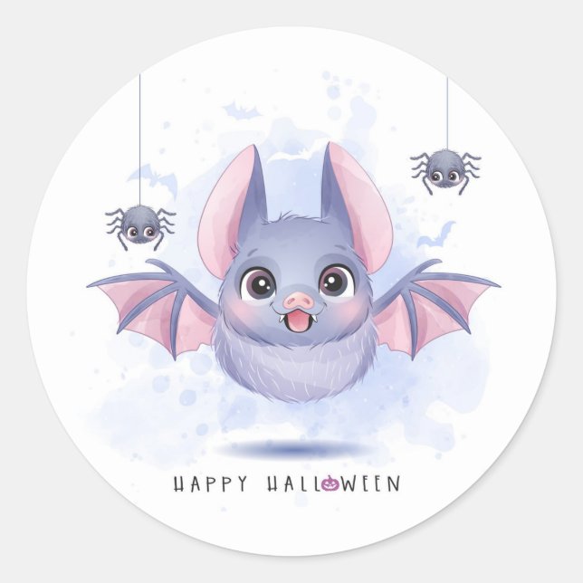 Sticker Rond Cute chauve-souris d'Halloween et araignées (Devant)