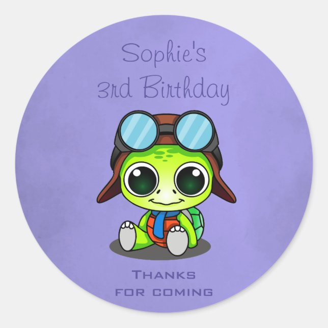 Sticker Rond Cute Chibi Cartoon Turtle anniversaire merci (Devant)