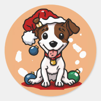 Sticker Rond Cute Chibi Kawaii Jack Russell Terrier Noël