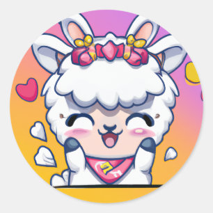 Sticker Rond Cute Chibi Kawaii Llama Love Sunset