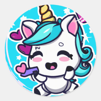 Sticker Rond Cute Chibi Kawaii Unicorn Coeurs bleu rose