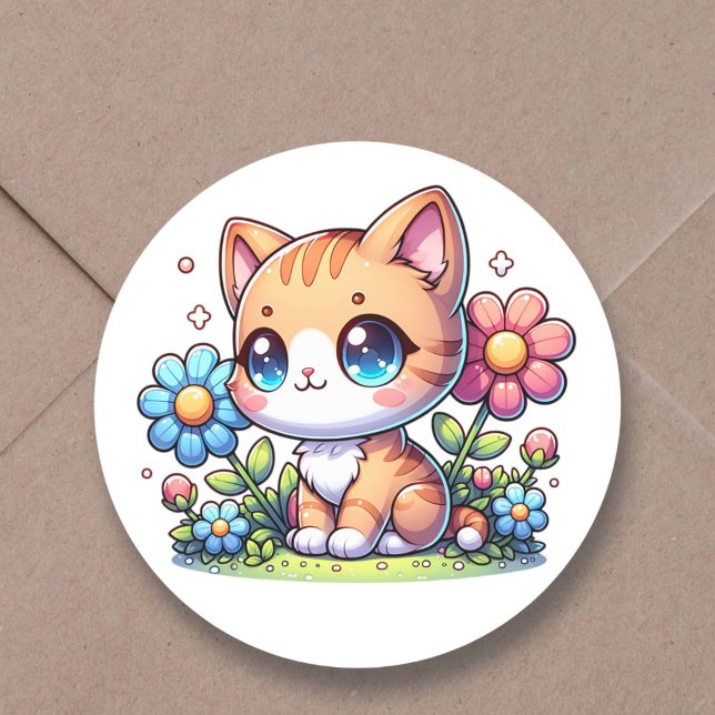 Sticker Rond Cute Chibi Orange Kitty Chat en Fleurs Roses (Créateur téléchargé)