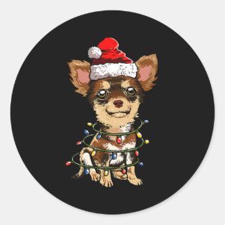 Sticker Rond Cute Chihuahua Santa Christmas Tree Lights Xmas Do
