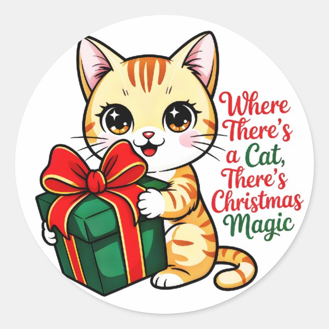 Sticker Rond Cute Christmas Cat Holiday Decal for Cat Lover (Devant)