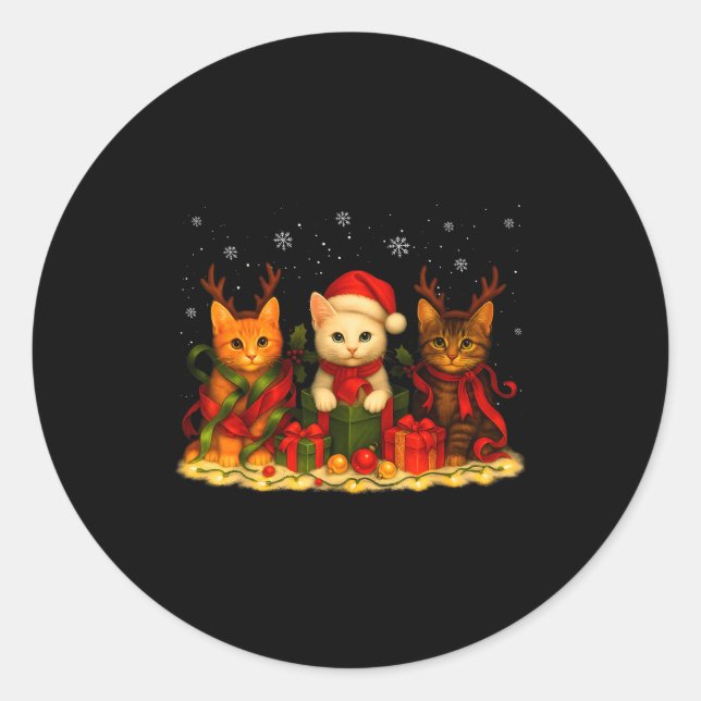Sticker Rond Cute Christmas Cat Xmas Lights Santa Reindeer Cat  (Devant)