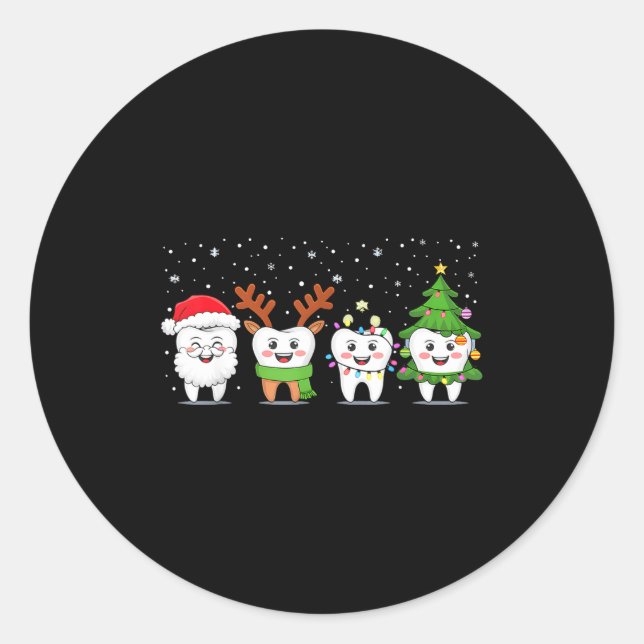 Sticker Rond Cute Christmas Dental Tooth Characters Fun Holiday (Devant)