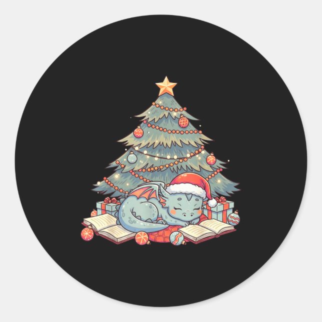 Sticker Rond Cute Christmas Dragon Sleeng Under Tree Books Love (Devant)