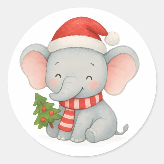 Sticker Rond Cute Christmas Elephant with Santa Hat (Devant)