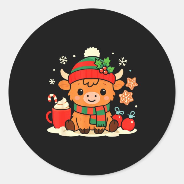 Sticker Rond Cute Christmas Highland Cow Heifer Xmas Farm Anima (Devant)