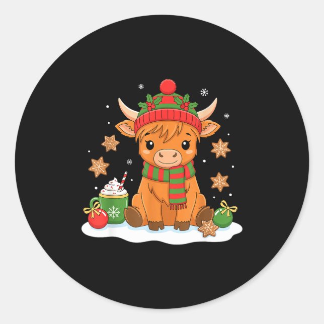 Sticker Rond Cute Christmas Highland Cow Lover Xmas Women Farm  (Devant)