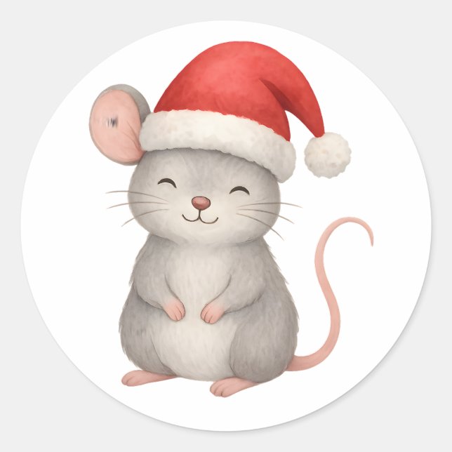 Sticker Rond Cute Christmas Mouse in Santa Hat (Devant)