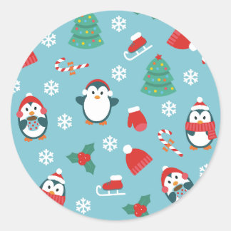 Sticker Rond Cute Christmas Penguins Pattern