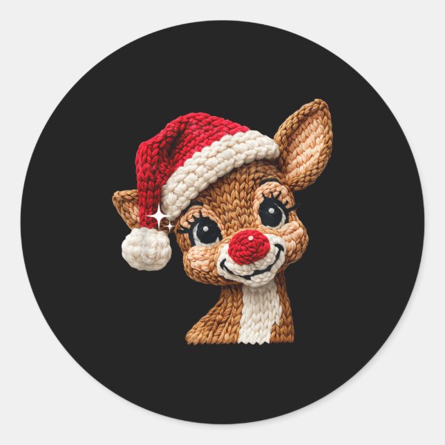 Sticker Rond Cute Christmas Reindeer Crocheting Funny Gift Men, (Devant)