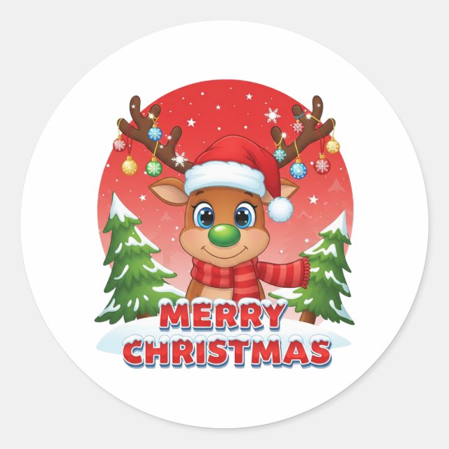 Sticker Rond Cute Christmas Reindeer with Santa Hat Ornaments (Devant)