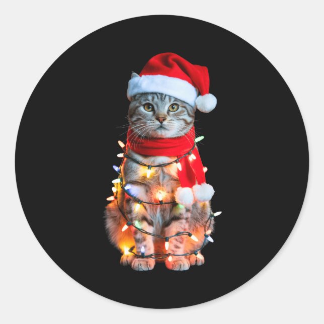 Sticker Rond Cute Christmas Tabby Cat In Lights Santa Hat For K (Devant)