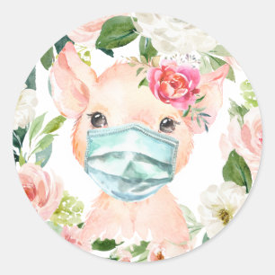 Sticker Rond Cute Cochon Portant un Masque avec Fleurs Roses Ro