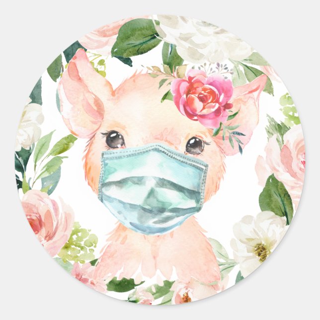 Sticker Rond Cute Cochon Portant un Masque avec Fleurs Roses Ro (Devant)