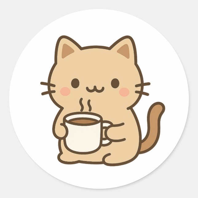 Sticker Rond Cute Coffee Cat Kawaii Cozy Aesthetic Design (Devant)