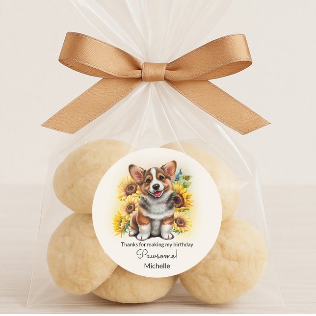 Sticker Rond Cute Corgi Chien Tournesols Anniversaire (Corgi/dog favor bag sticker for a birthday party. "Thanks for making my birthday pawsome!")