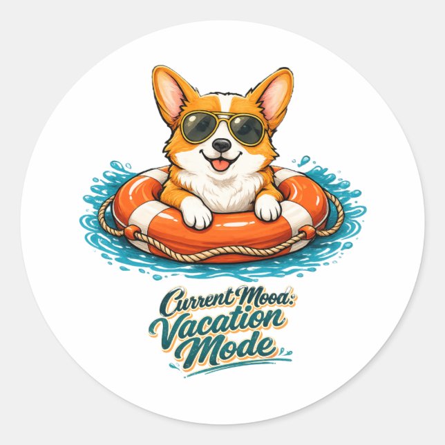 Sticker Rond Cute Corgi "Vacation Mode" Summer Design (Devant)