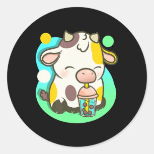 Sticker Rond Cute Cow Boba Tea Buble Tea Anime Kawaii