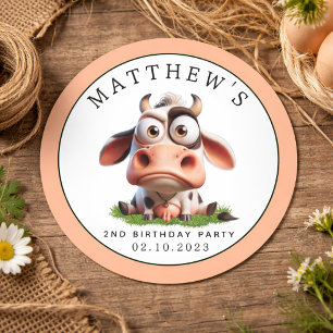 Sticker Rond Cute Cow Farm Animaux 2e fête d'anniversaire