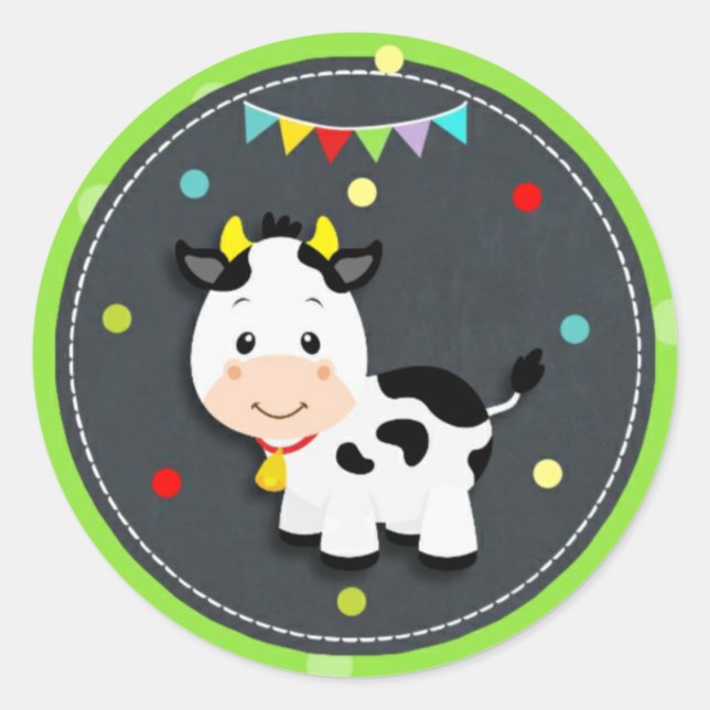 Sticker Rond Cute Cow Farm Barnyard Animal Baby shower d'annive (Devant)