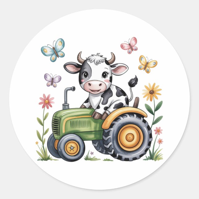 Sticker Rond Cute Cow on Tractor Boy Birthday Party (Devant)