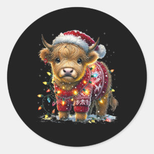 Sticker Rond Cute Cow Père Noël Sweat Christmas Tree Lights Win