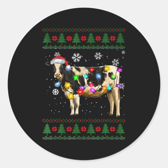 Sticker Rond Cute Cow Santa Christmas Lights Ugly Xmas Sweater  (Devant)