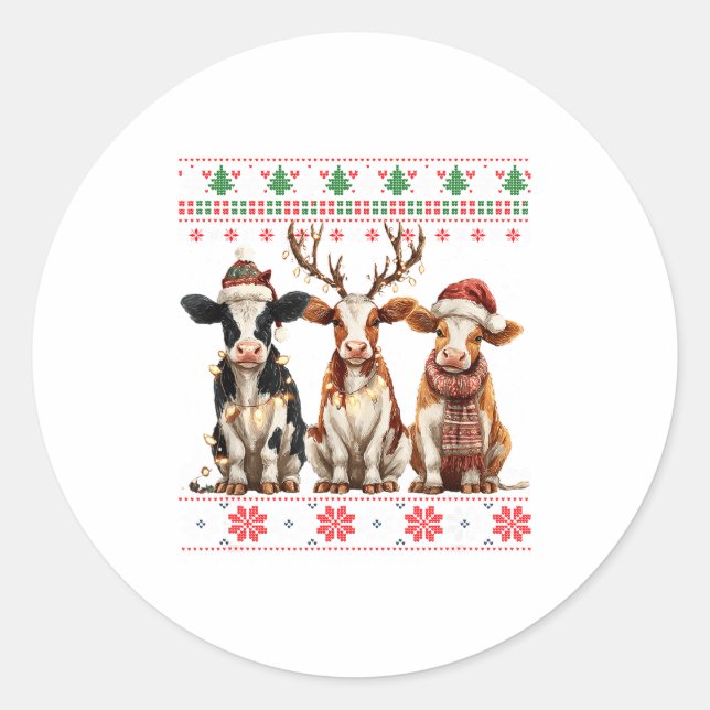 Sticker Rond Cute Cow Santa Christmas Lights Ugly Xmas Sweater  (Devant)