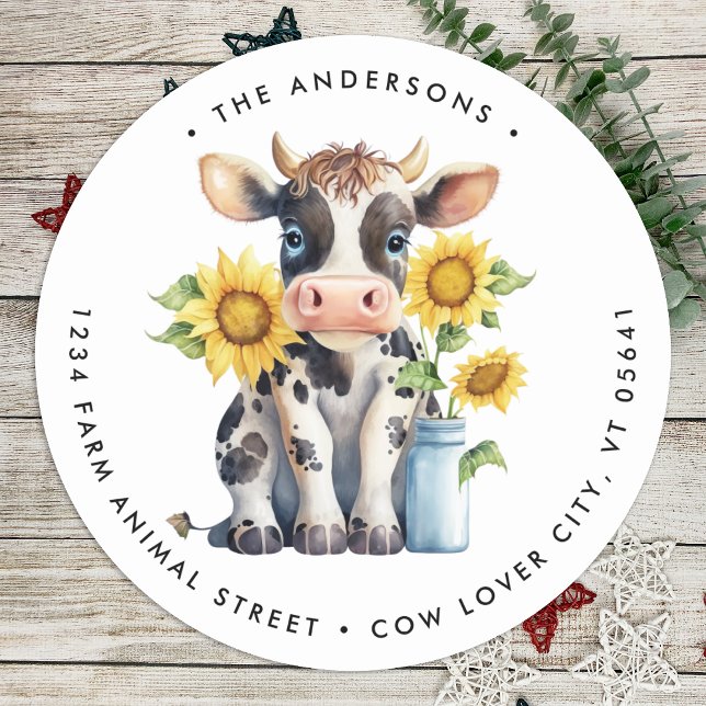Sticker Rond Cute Cow Sunflowers Farm Animal Adresse de retour (Créateur téléchargé)