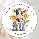 Sticker Rond Cute Cow Sunflowers Modern Simple Farm Baby Shower<br><div class="desc">Invite your friends and family to celebrate the arrival of your new baby with this adorable baby dairy calf and sunflowers baby shower invitations, party accessories and gifts . This baby shower invitation features a hand-painted watercolor cow, perfect for farm and cow lovers! The design is modern and trendy, with...</div>