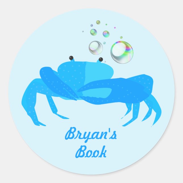 Sticker Rond Cute Crabe Bleu avec bulles Plaque de livre nautiq (Devant)