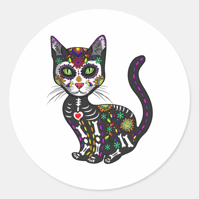 Sticker Rond Cute Crâne Sucre Mexicaine Chat Halloween Jour De (Devant)