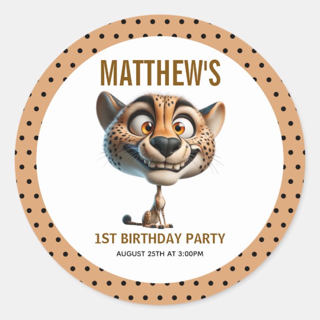 Sticker Rond Cute Crazy Cheetah Farm Theme 1st Birthday (Devant)
