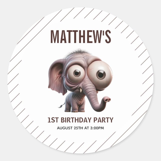 Sticker Rond Cute Crazy elephant Farm Theme 1st Birthday (Devant)